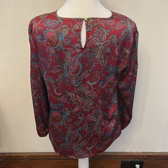 Talbots burgundy paisley ruffle long sleeve blouse Size MP EUC - Picture 5 of 10